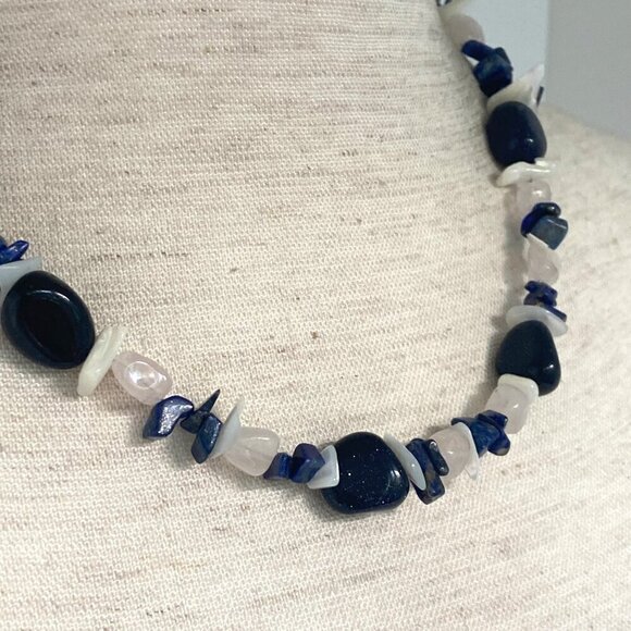 Sterling Silver 925 Sodalite Quartz MOP Blue Goldstone Beaded Necklace 17.5" - Picture 6 of 16